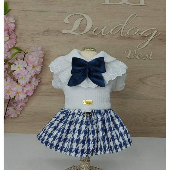 VESTIDO MALHA JACQUARD/SAIA PIED AZUL/BRANCA